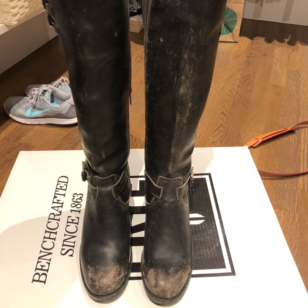 Frye Kelly belted black tall leather boots 8.5